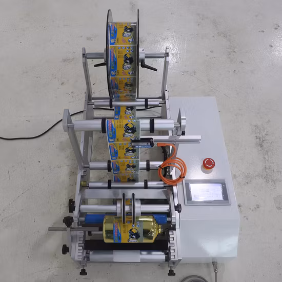 Gosunm 小型ステッカー貼付機ワインビール水ボトルバイアルリップクリームアンプルジャーカップ容器ラップアラウンド半自動ラウンドボトルラベリングマシン
